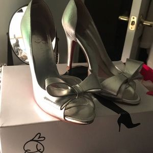 Paris Hilton silver bow heels